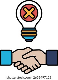 A light bulb with an X on it is shown between two hands. Concept of a handshake, but with a negative connotation, as the X suggests rejection or disapproval