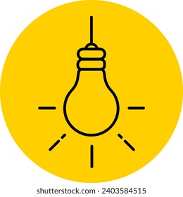 Bombilla en el icono de la línea circular amarilla. Luz, idea, electricidad, vidrio, linterna, eureka, perspicacia, creatividad, cabeza, cerebro. Iconos vectores para empresas y publicidad