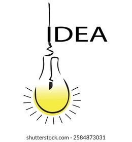 Light bulb with yellow light is drawn by hand on white background, bright light bulb is lit with the inscription Idea, hanging light bulb outlined in black and filled with soft yellow gradient symbol