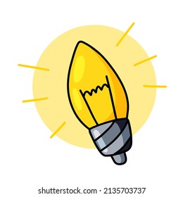 Light Bulb. Yellow electric device. Hand drawn illustration. Cartoon doodle lighting concept and idea