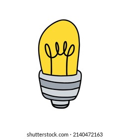 Light Bulb. Yellow electric device. Hand drawn illustration. Cartoon doodle lighting concept and idea
