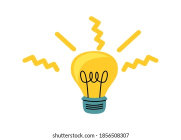 Light bulb with yellow glowing rays, cartoon vector illustration, idea symbol
