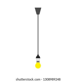 Light bulb yellow hanging vector icon illumination. Glass lamp idea fluorescent bright shape. Flat inspiration solution
