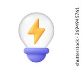 Light bulb with yellow lightning bolt inside. Electricity, energy, idea, innovation and power. 3d vector icon. Cartoon minimal style.
