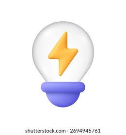 Bombilla con rayo amarillo en el interior. Electricidad, energía, idea, innovación y poder. Icono de Vector 3D. Estilo minimalista de dibujos animados.