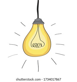 Light bulb yellow on the wire on white background. Vector Doodle elements for design. Freehand illustrator.
