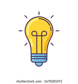 Light bulb yellow RGB color icon. Idea emoji. Inspiration sign. Glowing lightbulb. Think of solution. Incandescent lamp. Imagination and intelligence symbol. Isolated vector illustration