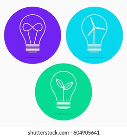 Light bulb with young shoots, infinity sign, windmill. Vector illustration
