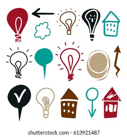 Light bulbs, arrows, houses, cube, speech bubbles, icons set hand drawn isolated on white background