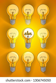 Light bulbs beautiful vector illustration with single one shining, idea concept, think different, stand out of crowd, creative inspiration.