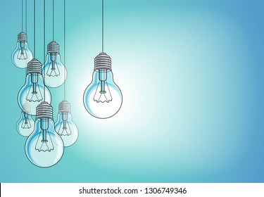 Light bulbs beautiful vector illustration with single one shining, idea concept, think different, stand out of crowd, creative inspiration. Composition with copy space for text.