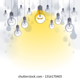 Light bulbs beautiful vector illustration with single one shining, idea concept, think different, stand out of crowd, creative inspiration. Composition with copy space for text.