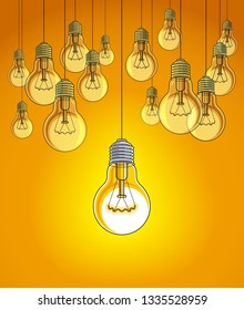 Light bulbs beautiful vector illustration with single one shining, idea concept, think different, stand out of crowd, creative inspiration.