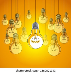 Light bulbs beautiful vector illustration with single one shining, idea concept, think different, stand out of crowd, creative inspiration.