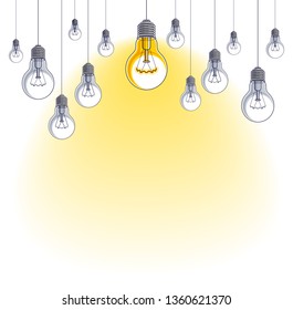 Light bulbs beautiful vector illustration with single one shining, idea concept, think different, stand out of crowd, creative inspiration. Composition with copy space for text.