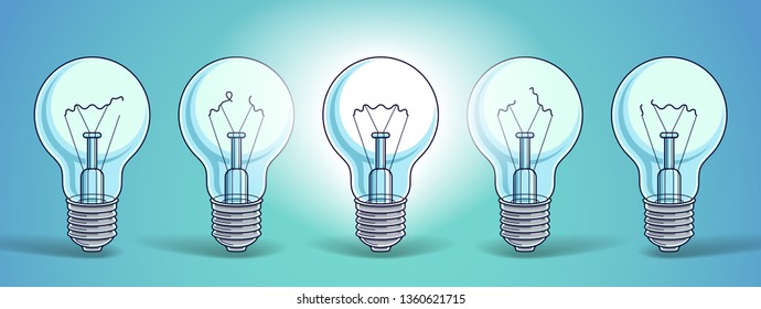 Light bulbs beautiful vector illustration with single one shining, idea concept, think different, stand out of crowd, creative inspiration.