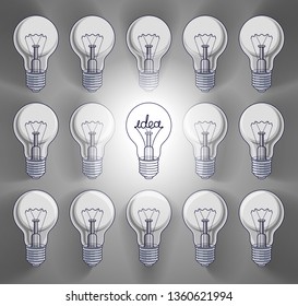 Light bulbs beautiful vector illustration with single one shining, idea concept, think different, stand out of crowd, creative inspiration.
