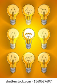 Light bulbs beautiful vector illustration with single one shining, idea concept, think different, stand out of crowd, creative inspiration.