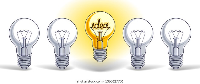 Light bulbs beautiful vector illustration with single one shining, idea concept, think different, stand out of crowd, creative inspiration.