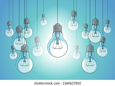 Light bulbs beautiful vector illustration with single one shining, idea concept, think different, stand out of crowd, creative inspiration.