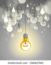 Light bulbs beautiful vector illustration with single one shining, idea concept, think different, stand out of crowd, creative inspiration.