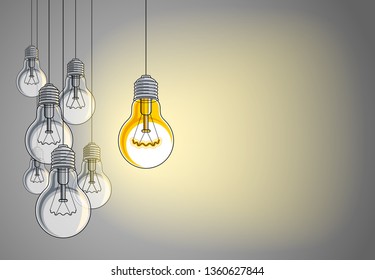 Light bulbs beautiful vector illustration with single one shining, idea concept, think different, stand out of crowd, creative inspiration. Composition with copy space for text.