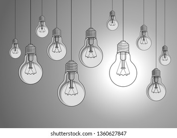 Light bulbs beautiful vector illustration with single one shining, idea concept, think different, stand out of crowd, creative inspiration.