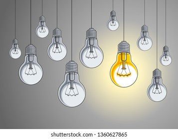 Light bulbs beautiful vector illustration with single one shining, idea concept, think different, stand out of crowd, creative inspiration.