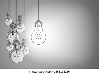 Light bulbs beautiful vector illustration with single one shining, idea concept, think different, stand out of crowd, creative inspiration. Composition with copy space for text.