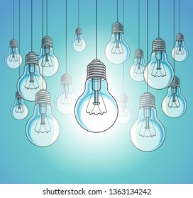Light bulbs beautiful vector illustration with single one shining, idea concept, think different, stand out of crowd, creative inspiration.