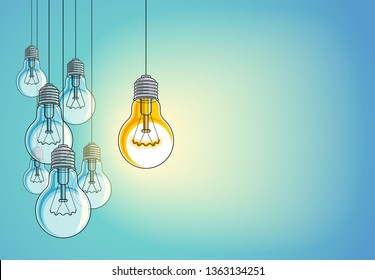 Light bulbs beautiful vector illustration with single one shining, idea concept, think different, stand out of crowd, creative inspiration. Composition with copy space for text.