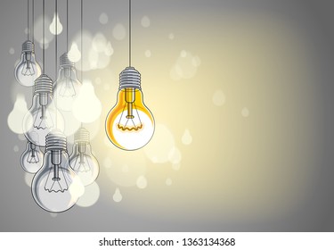 Light bulbs beautiful vector illustration with single one shining, idea concept, think different, stand out of crowd, creative inspiration. Composition with copy space for text.