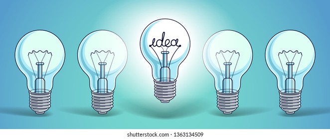 Light bulbs beautiful vector illustration with single one shining, idea concept, think different, stand out of crowd, creative inspiration.