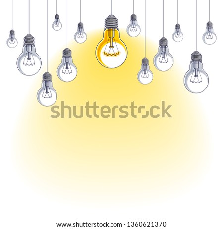 Light bulbs beautiful vector illustration with single one shining, idea concept, think different, stand out of crowd, creative inspiration. Composition with copy space for text.