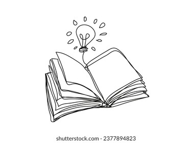 Light bulbs and book , inspiration of ideas , open book design, continuous line art, vector illustration