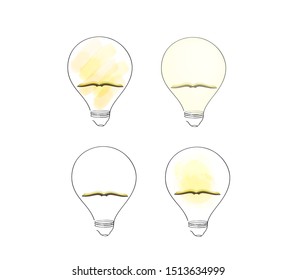 Light bulbs, book in lamp, knowledge Idea and Concept, sign symbol in watercolor, Vector illustration.