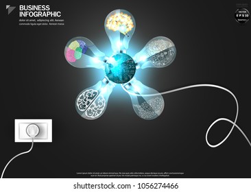 Light bulbs Brain 5 model and  - World map Creative drawing chart and graphs business plan - Modern design Idea and Concept Vector illustration business  Infographic template.