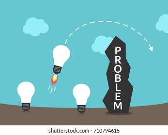 Light bulbs brainstorming stone wall or rock with problem word, one of them flying above it. Thinking, idea and solution concept. Flat design. EPS 8 vector illustration, no transparency, no gradients