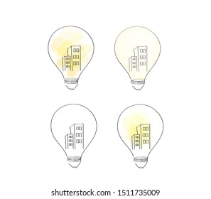 Light bulbs, Building in lamp, think about architecture Idea and Concept,sign symbol in watercolor style, Vector illustration.