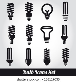 Light bulbs. Bulb icon set. Standard and halogen incandescent, fluorescent and LED bulb. 