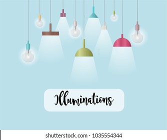 Light bulbs. Chandeliers. Illuminations. Lighting. Decoration. Interior. Vector illustration. 