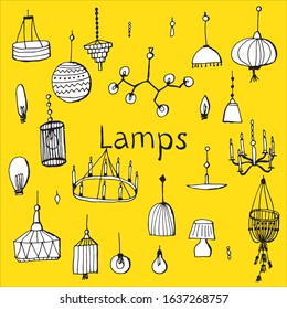 Light bulbs and chandeliers. Vector hand drawn isolated objects. Icons in sketch style.