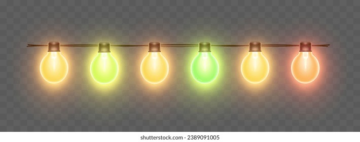 Light bulbs. Christmas String Lights. Vector clipart isolated on a transparent background.