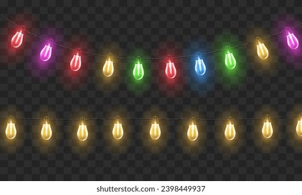 Light bulbs. Christmas String Lights. Vector clipart isolated on a transparent background.