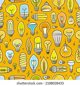 Colección de bombillas. Ecología Concepto arte. Símbolo de creatividad, innovación, inspiración, invención e idea. Estilo dibujado a mano, fondo de patrón transparente para su diseño