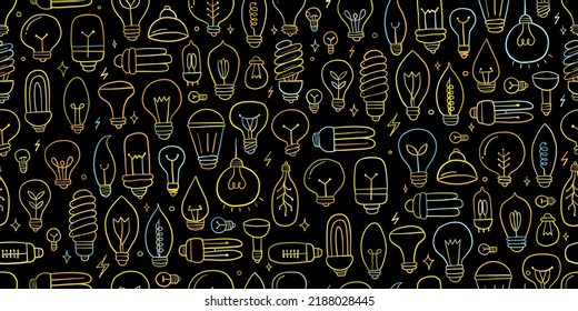 Colección de bombillas. Ecología Concepto arte. Símbolo de creatividad, innovación, inspiración, invención e idea. Estilo dibujado a mano, fondo de patrón transparente para su diseño