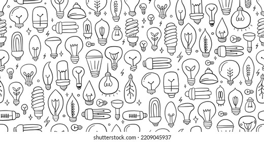 Kollektion von Glühbirnen. Ökologie Concept Art. Symbol der Kreativität, Innovation, Inspiration, Erfindung und Idee. Handgezeichneter Stil, nahtloser Musterhintergrund für Ihr Design
