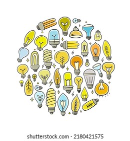 Light bulbs collection. Modern and retro set. Circle background for your design