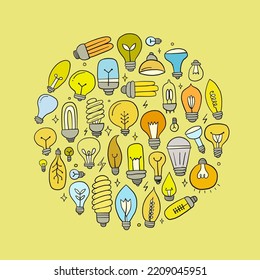 Light bulbs collection. Modern and retro set for your design. Circle background for your design