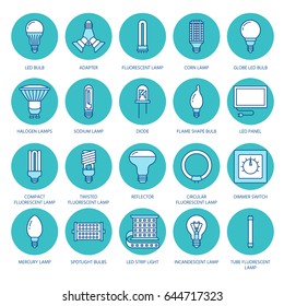 Light bulbs colored flat line icons. Led lamps types, fluorescent, filament, halogen, diode and other illumination. Thin linear signs for idea concept, electric shop.